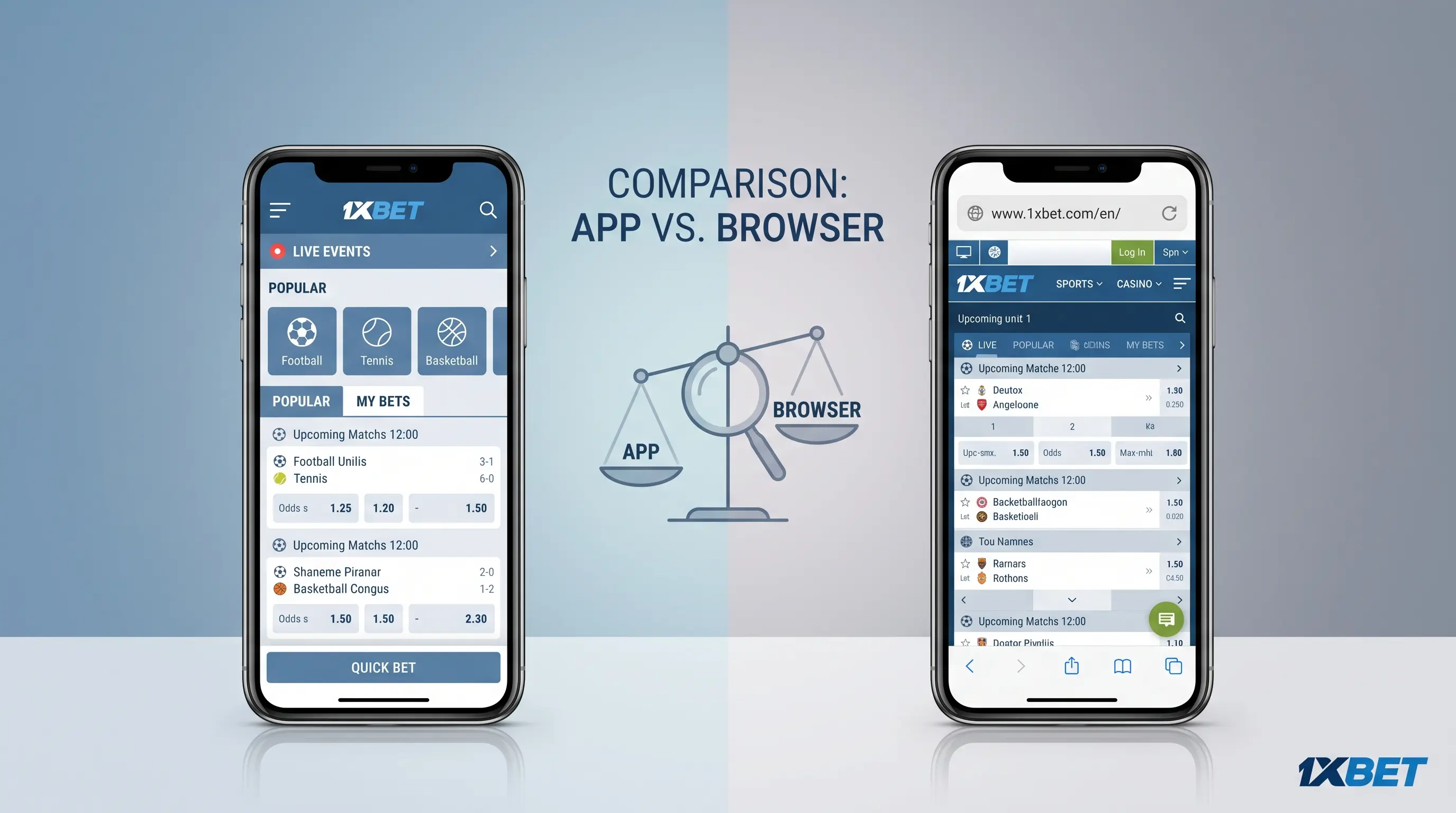 Two smartphones compared side by side, illustrating the 1xbet mobile app versus mobile site review.