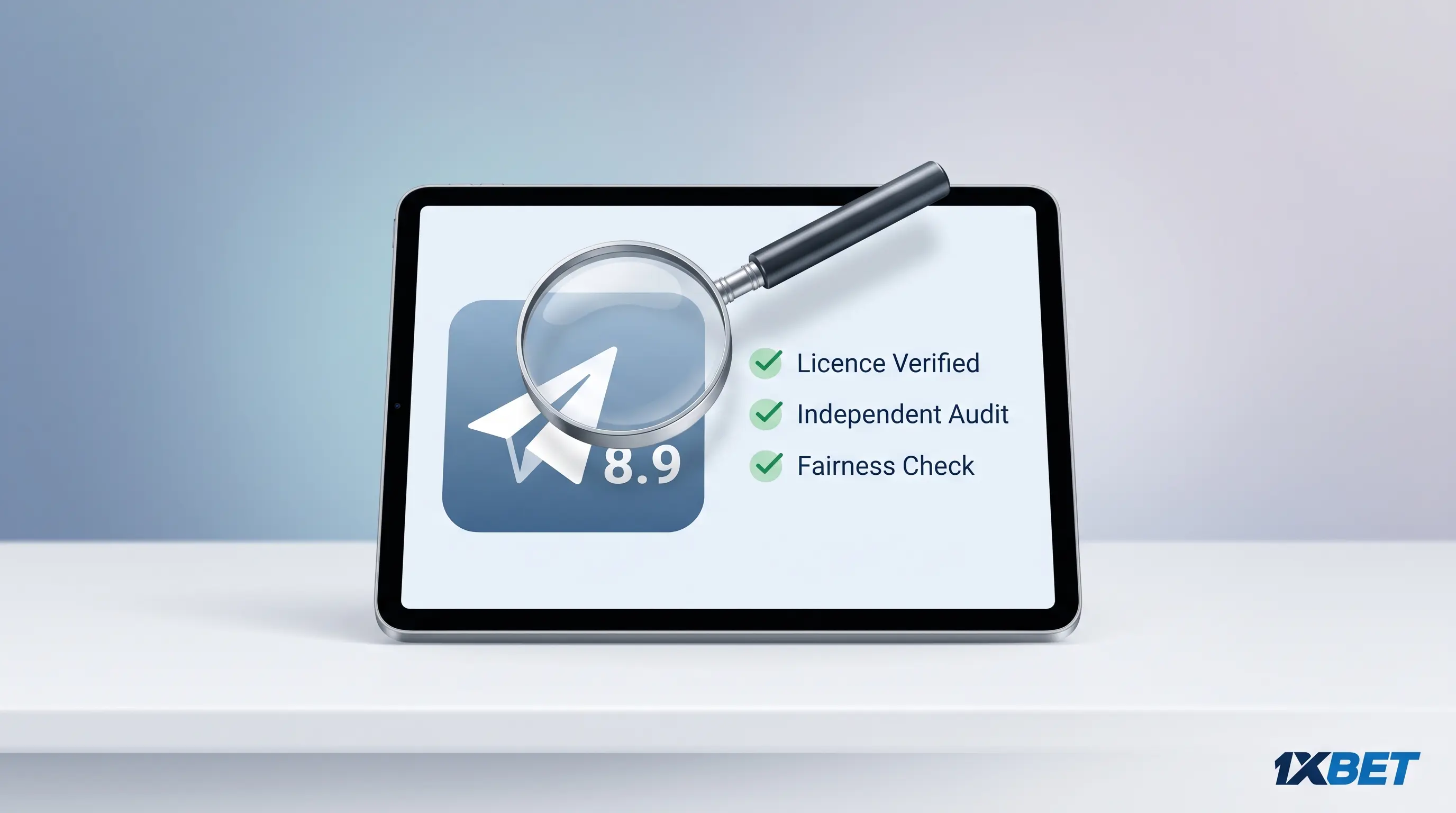Magnifying glass over a plane-and-multiplier icon with a fairness checklist, illustrating an honest spribe aviator review.