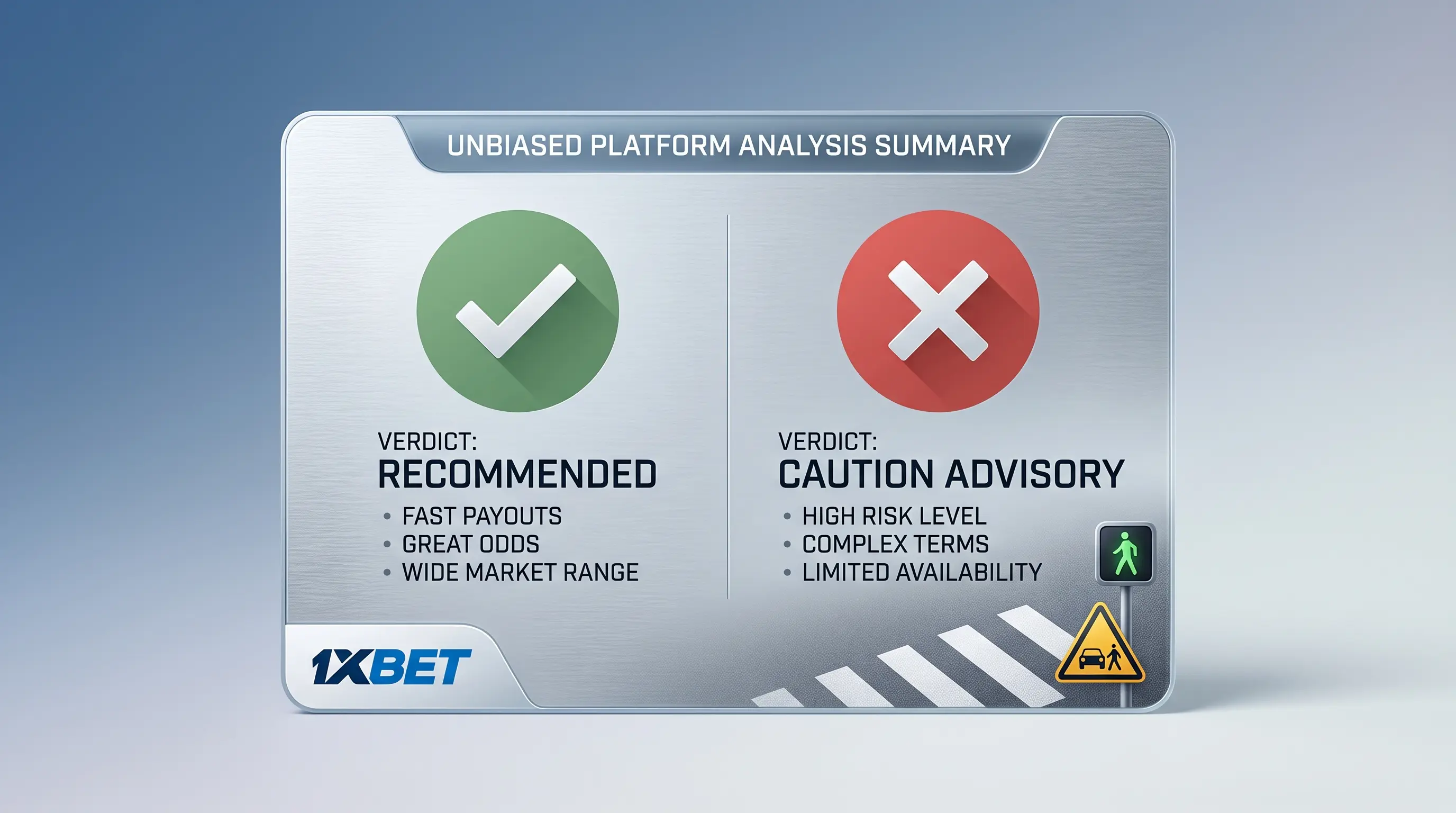 Scoreboard-style verdict card with a checkmark and an X, illustrating an honest chicken road review.