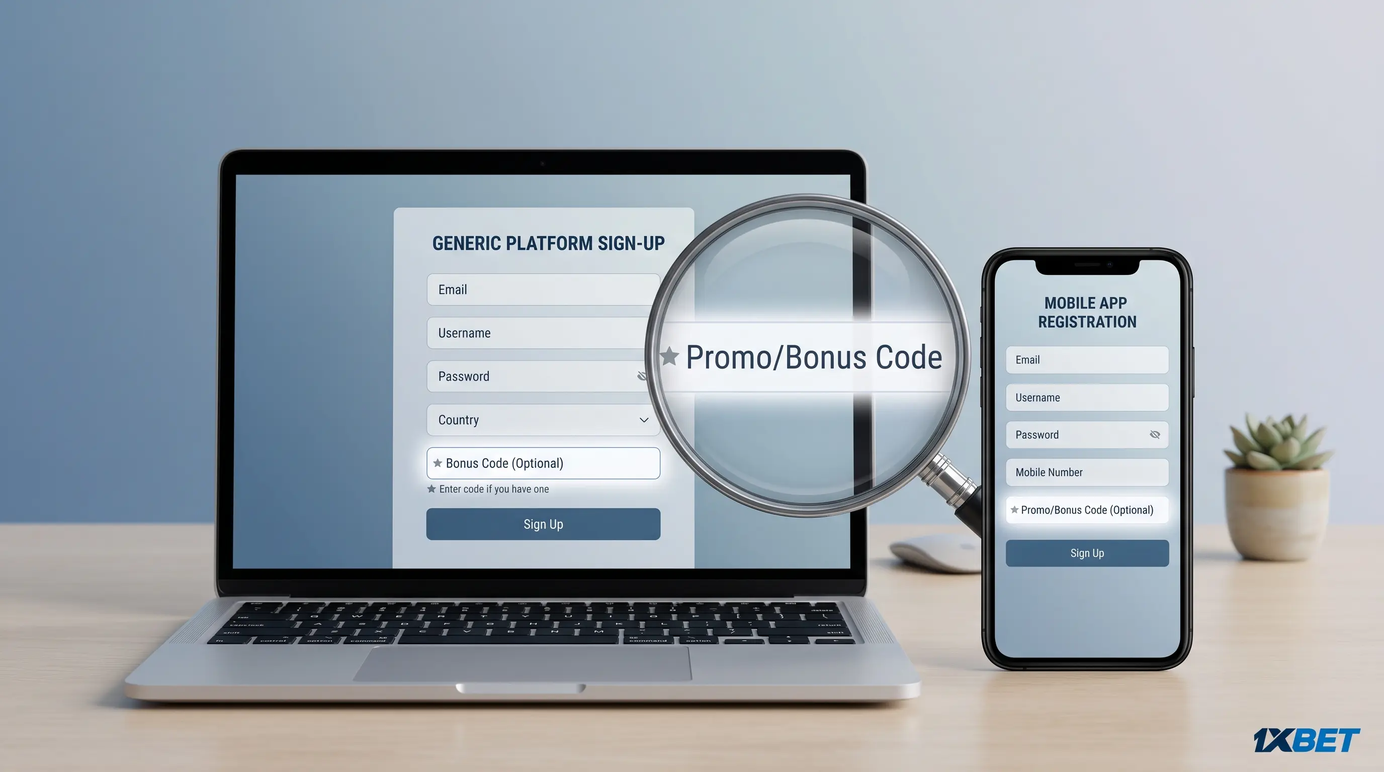 Laptop and smartphone with a magnifying glass over a bonus field, illustrating whether a 1xbet bonus code is real.