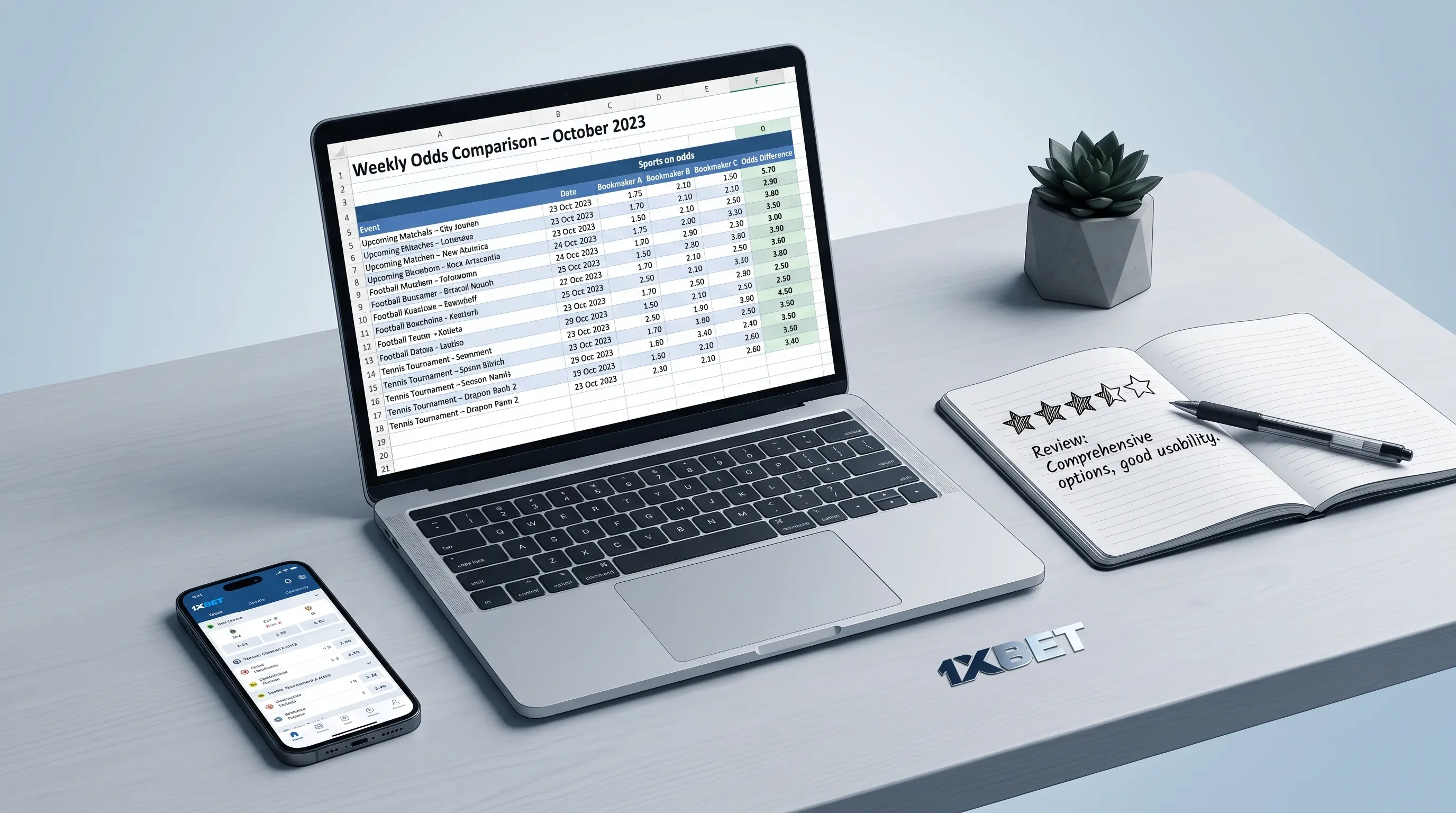 Laptop with a sports-odds comparison spreadsheet and a hand-sketched star rating, illustrating an honest 1xbet review.